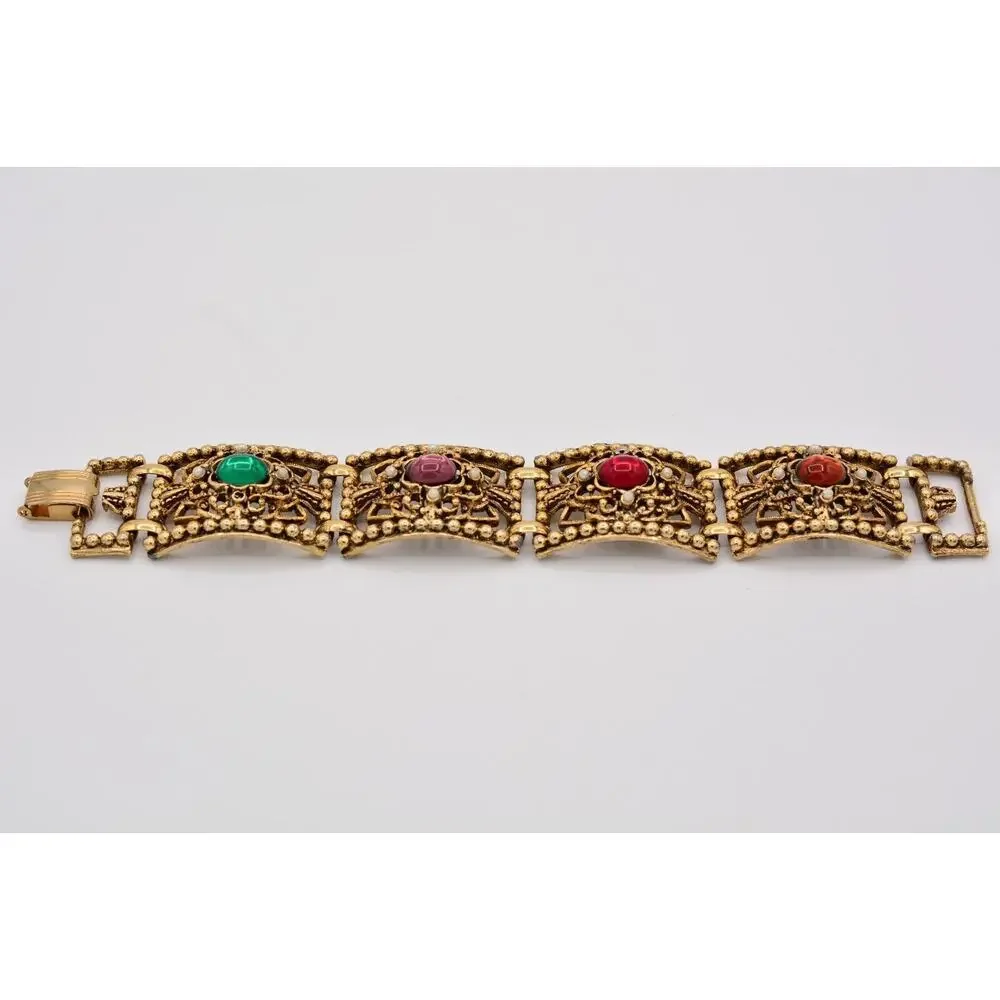 Vintage Cabochon Bracelet Multi-Color Antiqued Aged Gold Heavy Chunky 1960s Bin5